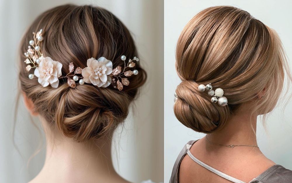 Decorative pearl comb being added to a completed updo for a glam finish.
