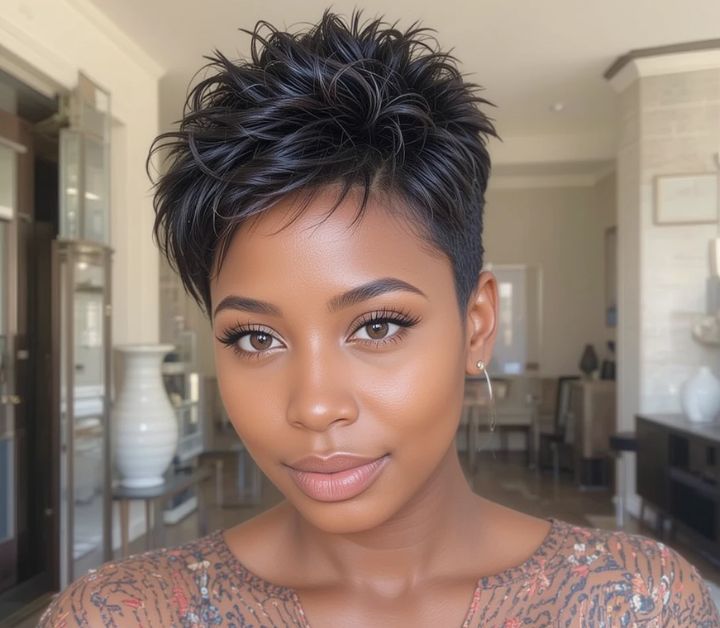 20 Stunning Short Hairstyles for Black Woman to Try in 2025 12 Edgy spiky pixie cut on confident Black woman.