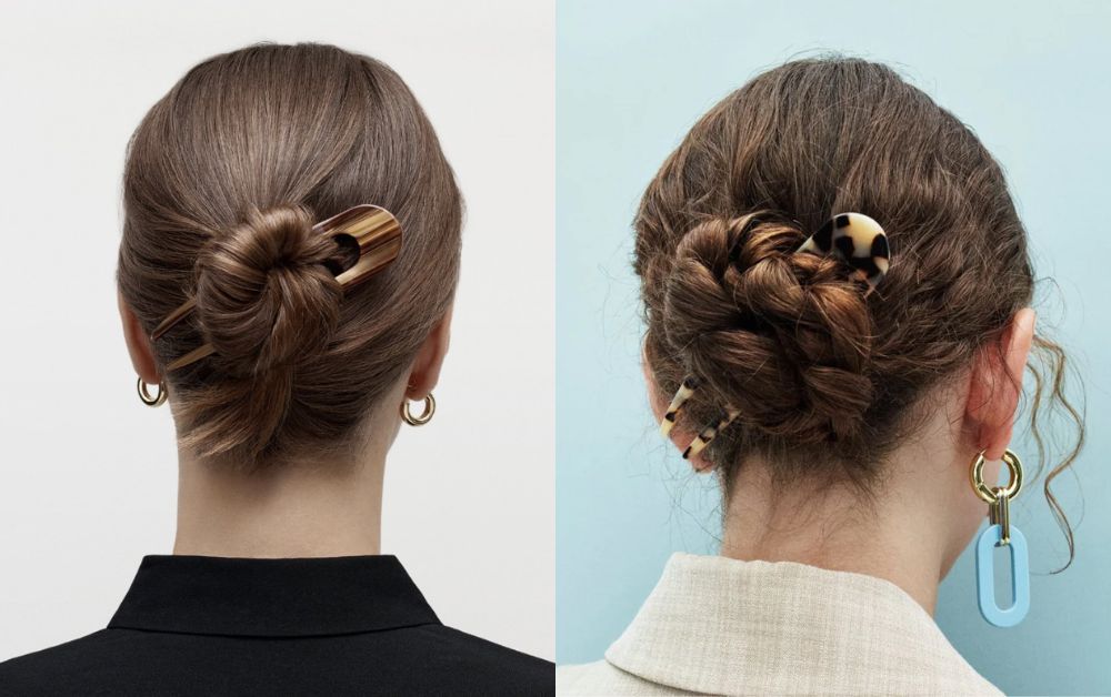 Elegant rose bun updo styled at home for a formal event, secured with stylish hairpins.