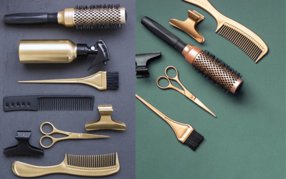 Flat lay of essential hairstyling tools pins, spray, comb.
