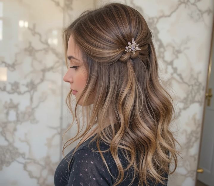 Half-up half-down wavy long hair look.