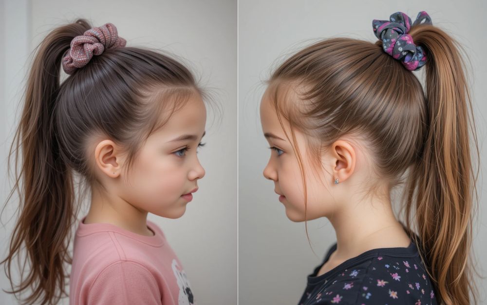 Ponytail Hairstyles for Kids: Cute and Easy Ideas 5 High ponytail on a young girl styled with scrunchie.