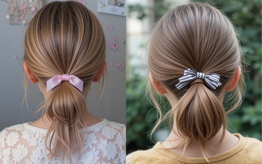 Ponytail Hairstyles for Kids: Cute and Easy Ideas 6 Low ponytail for kids with center part and ribbon.
