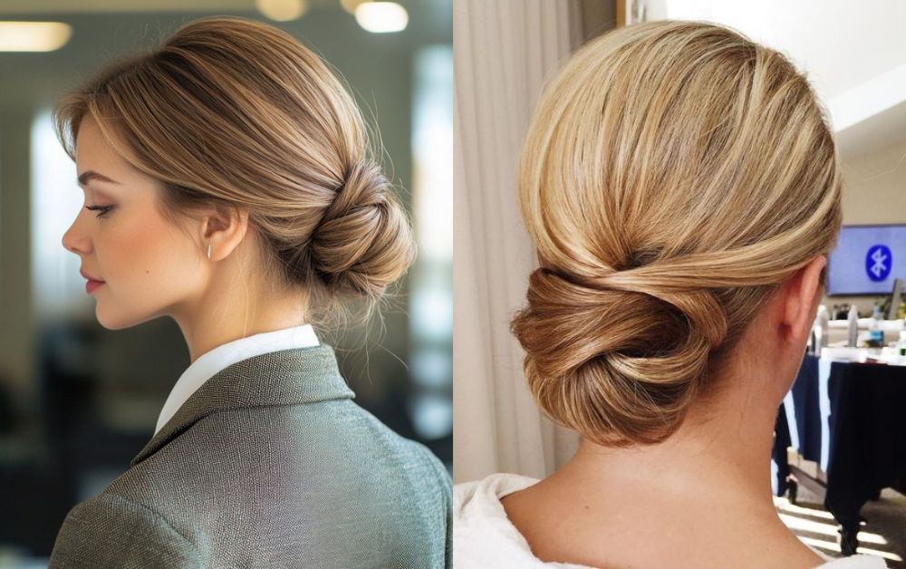 Sleek and professional updo hairstyle for medium hair in a work environment