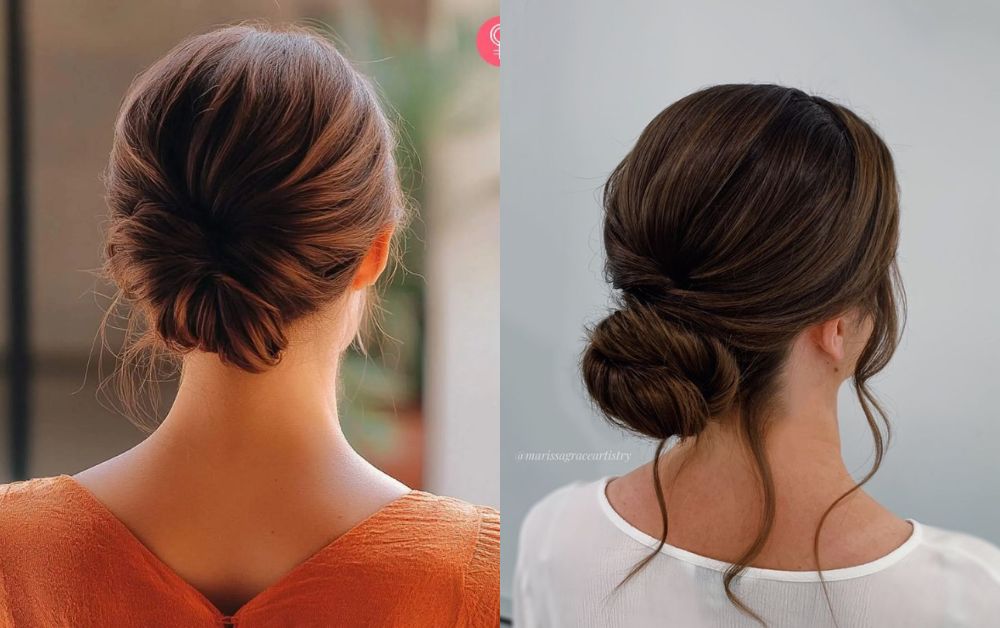Protective low bun updo on medium natural hair and healthy styling
