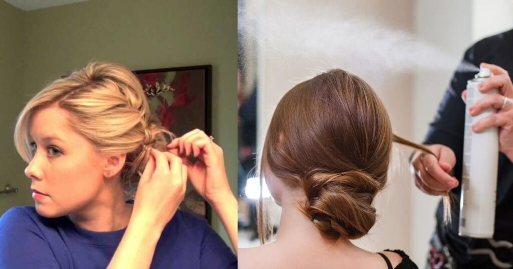 Refreshing and maintaining a medium hair updo using pins and hairspray