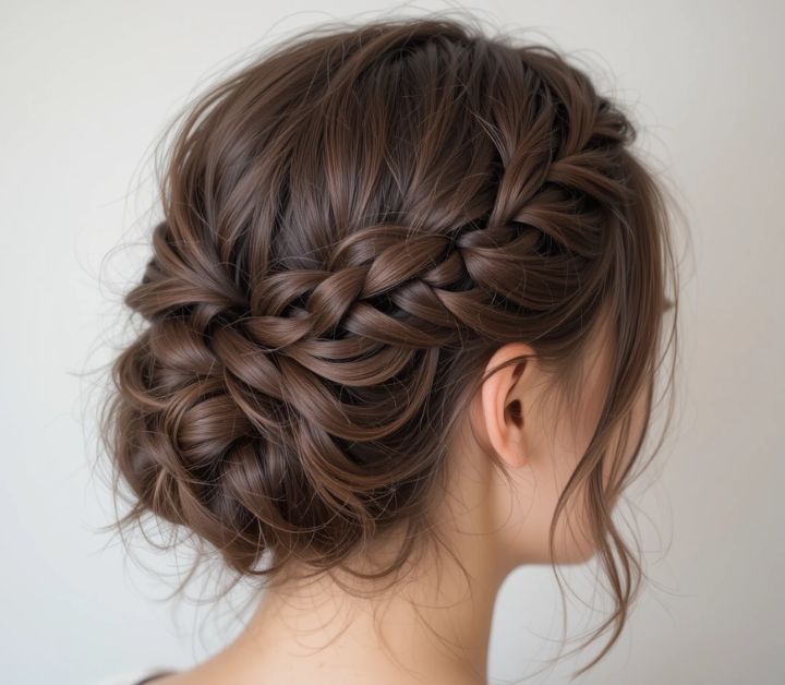 Wavy long hair with a boho braided crown.
