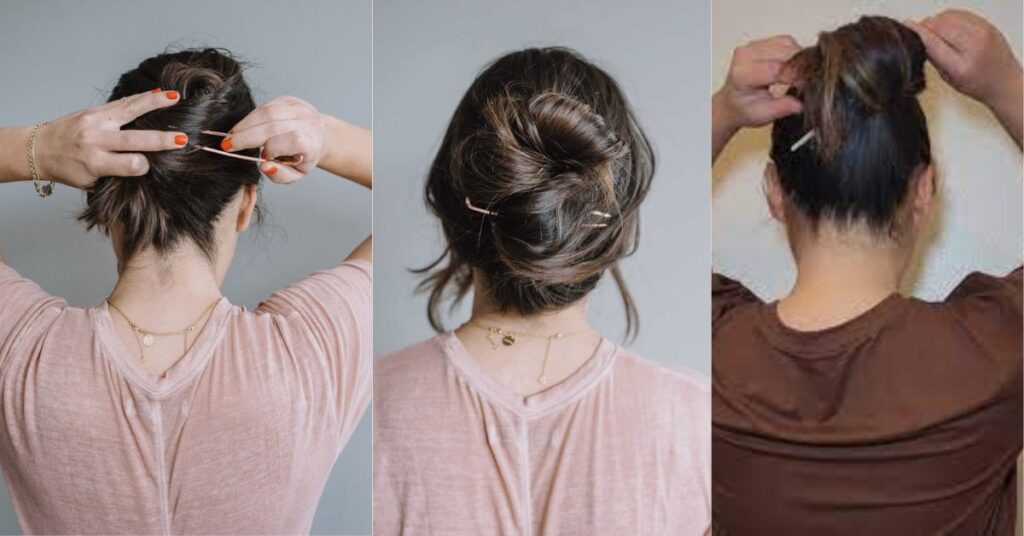 Woman doing quick touch-up on her updo using small travel-size hairspray and pins.