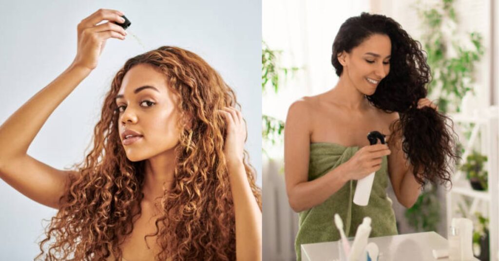 Woman maintaining butterfly haircut using styling product
