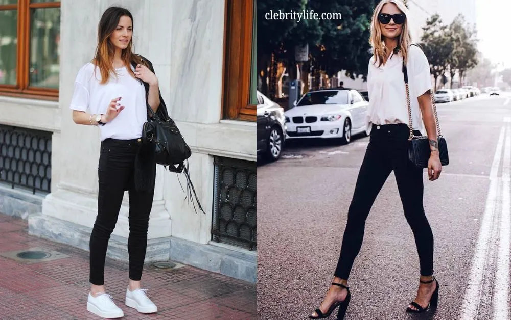 Black Denim with White Tees Black and white outfits black women
