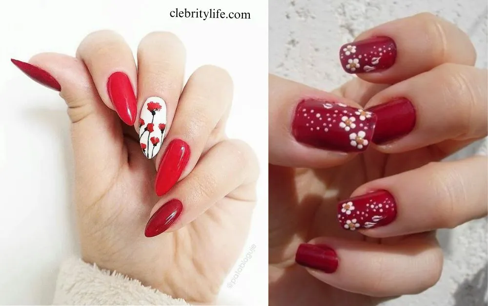 Red Nail Designs: Timeless Beauty & Bold Style 9 Two Designs Red Nail with Floral Art Patterns
