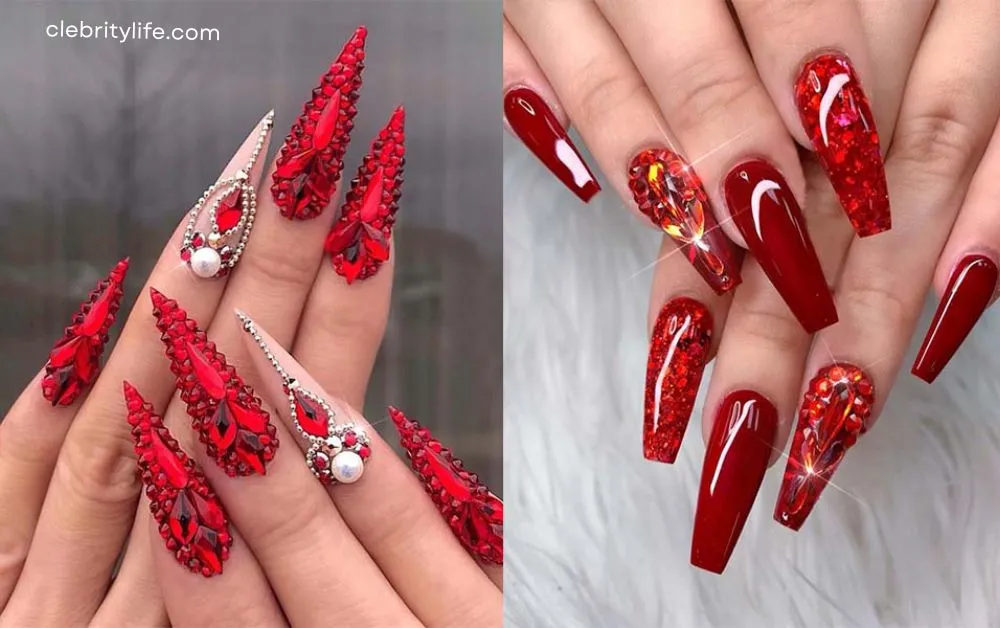Red Nail Designs: Timeless Beauty & Bold Style 6 Two Red Nail with Rhinestone Decoration Designs