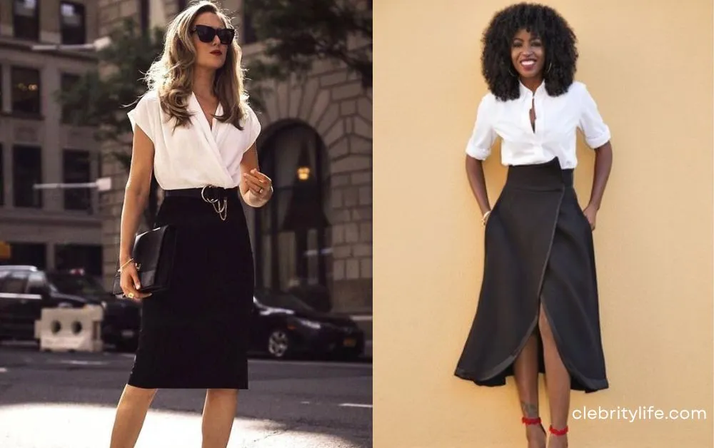 Two Styles Black Skirt with White Blouse