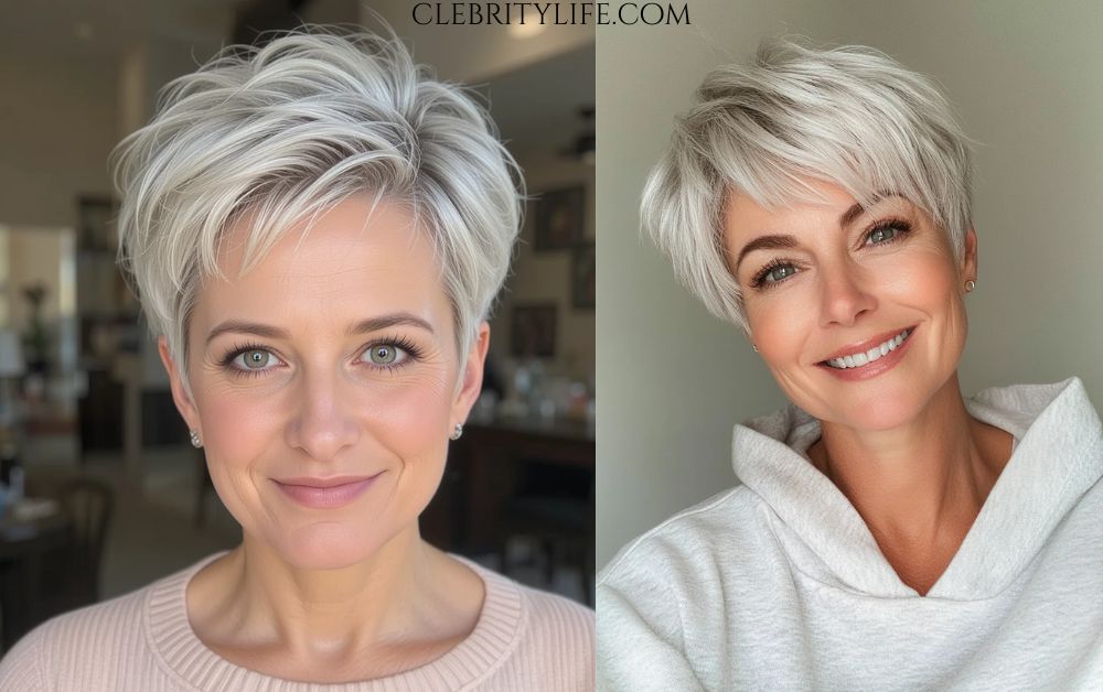 Hair for Women Over 50: Elegant Hairstyles with Style 5 Two unique Styles Women Over 50 Textured Pixie Cut in Icy Platinum