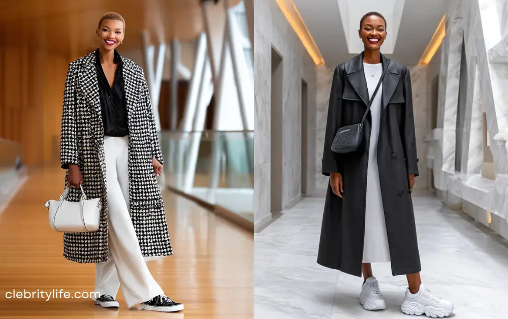 Two woman's with Statement Outerwear in Monochrome styles