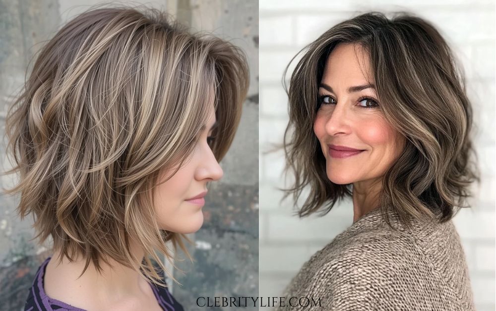 Hair for Women Over 50: Elegant Hairstyles with Style 11 Women Over 50 Choppy Lob with Ash Brown Highlights Two Lovely styles