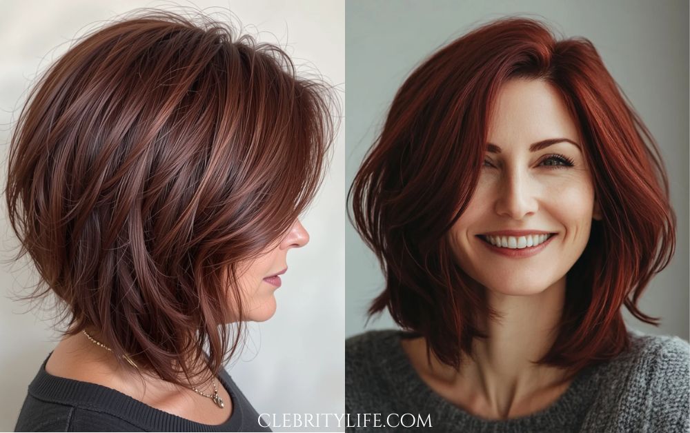 Hair for Women Over 50: Elegant Hairstyles with Style 15 Women Over 50 Side-Parted Bob in Mahogany Red Two beautiful styles
