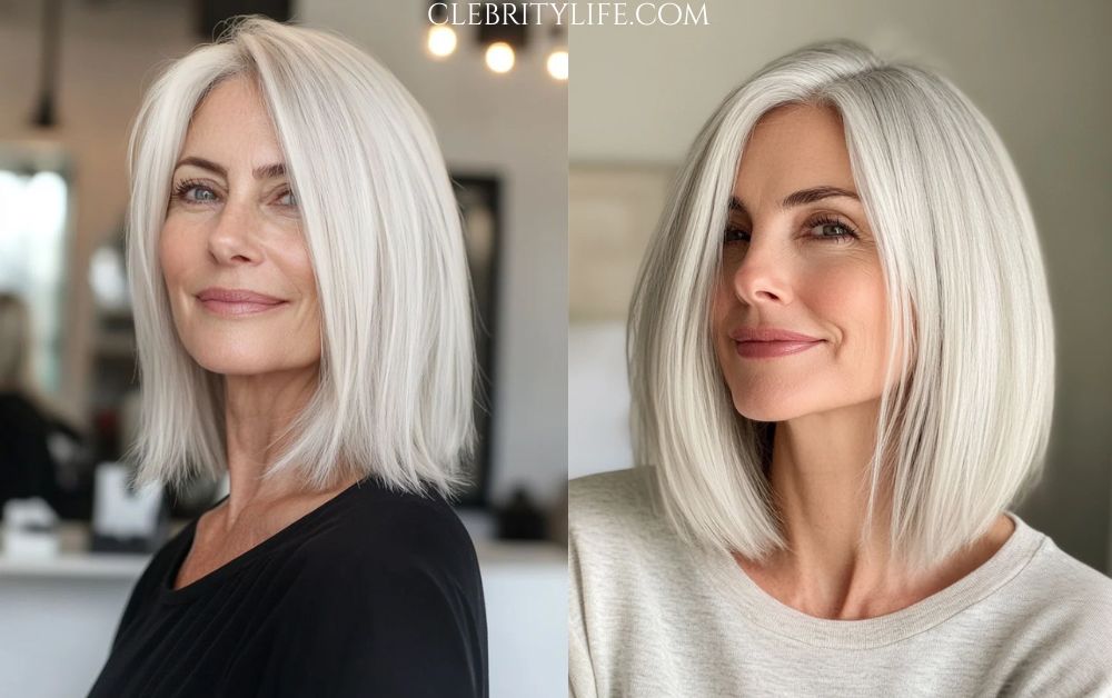 Hair for Women Over 50: Elegant Hairstyles with Style 19 Women Over 50 Straight Lob with Pearl Gloss two styles you'll want to try