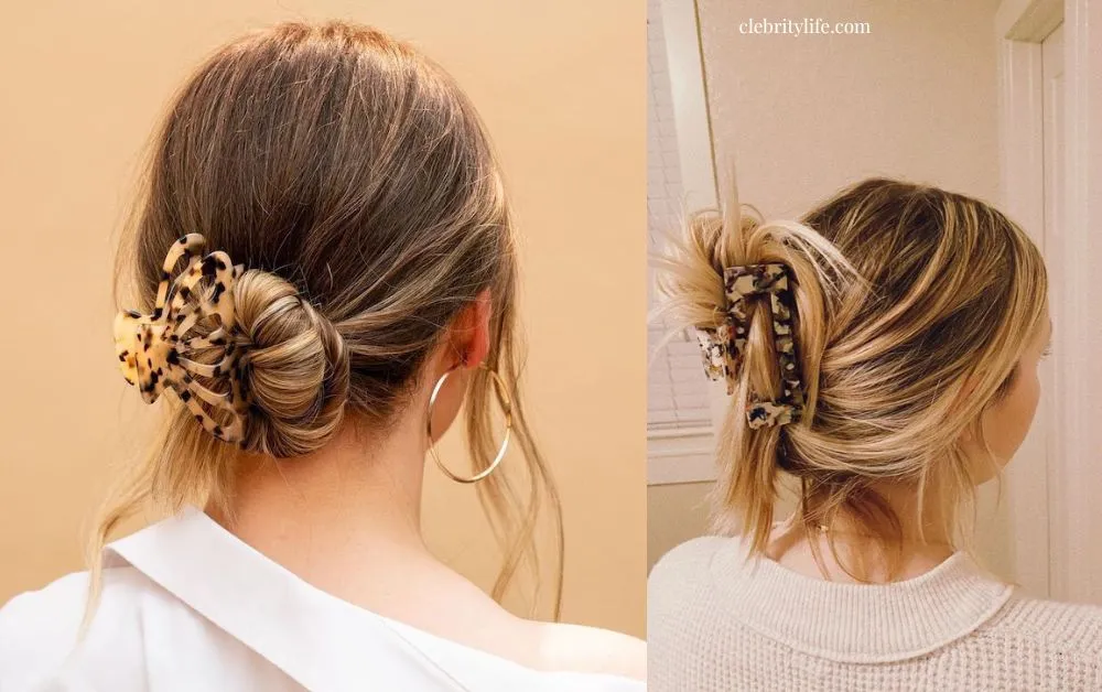 Elegant & Easy Claw Clip Hairstyles for Every Hair Type 3 Two Messy Bun with Claw Clip Styles